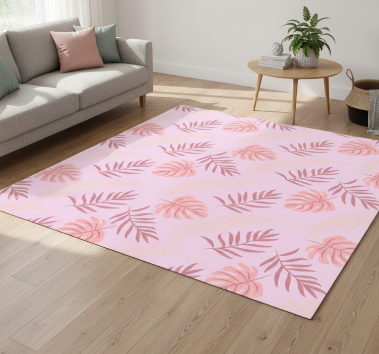 Floral vinyl rug with pink tropical leaf pattern - TenStickers