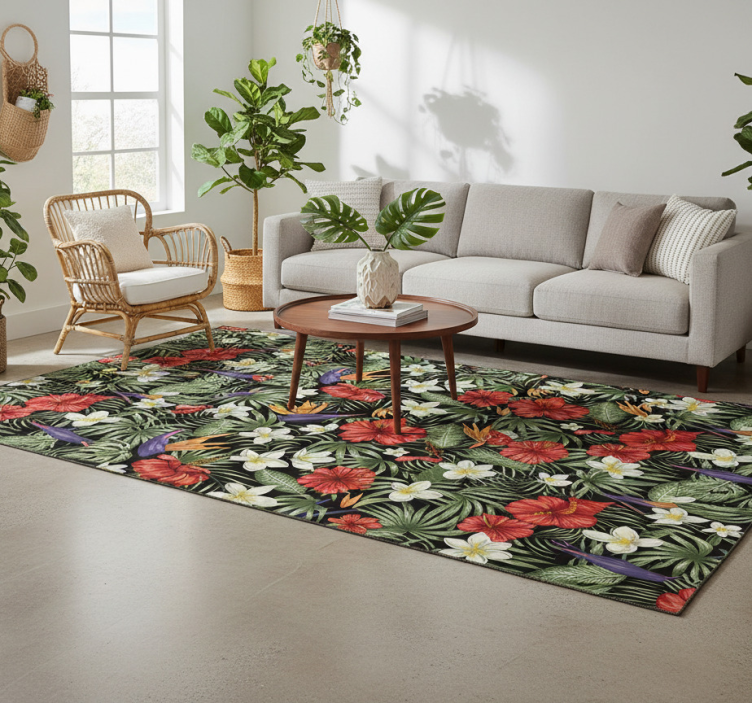 Floral vinyl rug with tropical jungle plant design - TenStickers