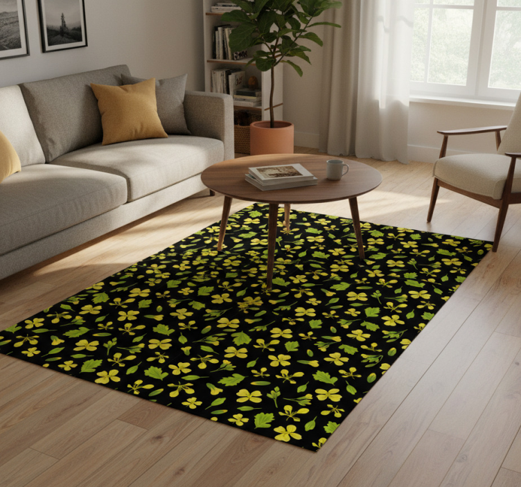 Floral vinyl rug with yellow flowers on black background - TenStickers