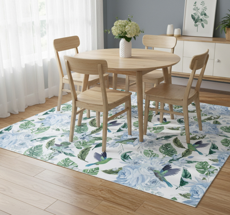 Flower rug featuring blue garden flowers and birds - TenStickers