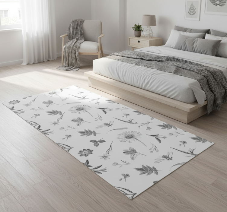 Gray sprint flowers bedroom vinyl rug - TenStickers
