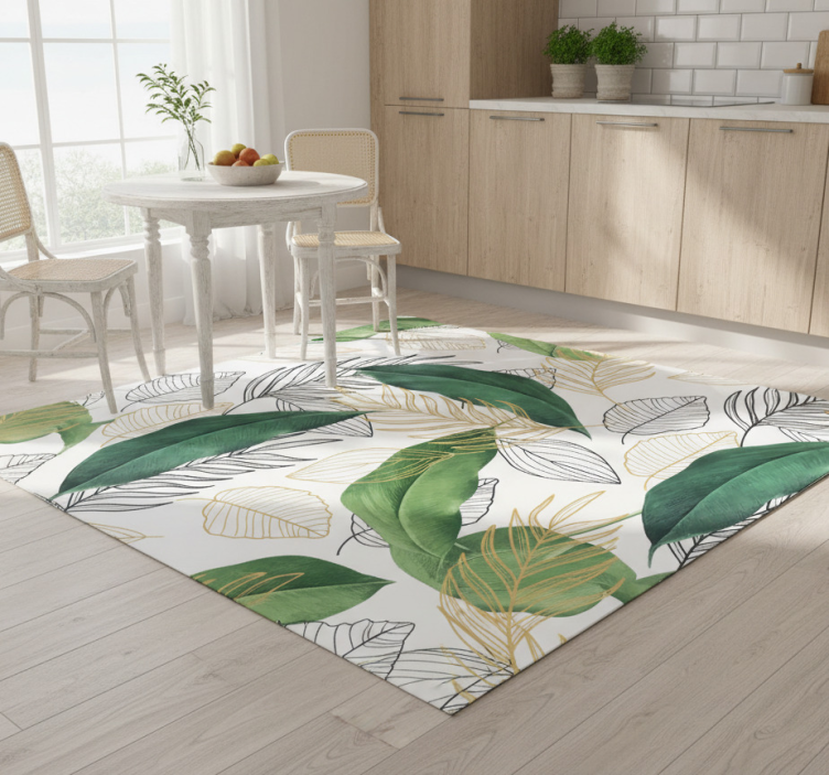 Green and gold leaves art kitchen vinyl rug - TenStickers