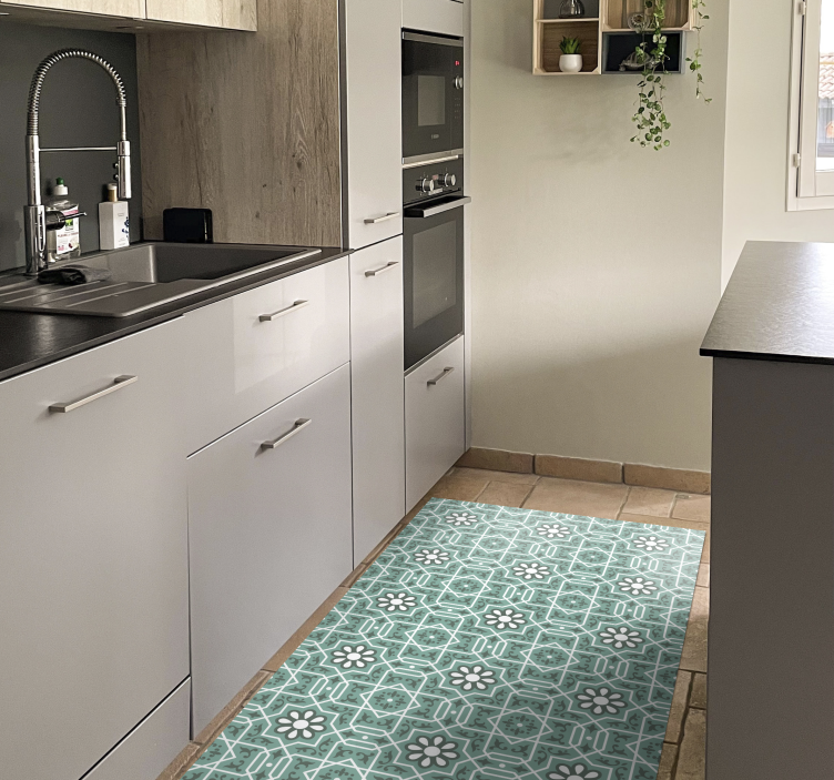 Green floral tiles kitchen vinyl rug - TenStickers