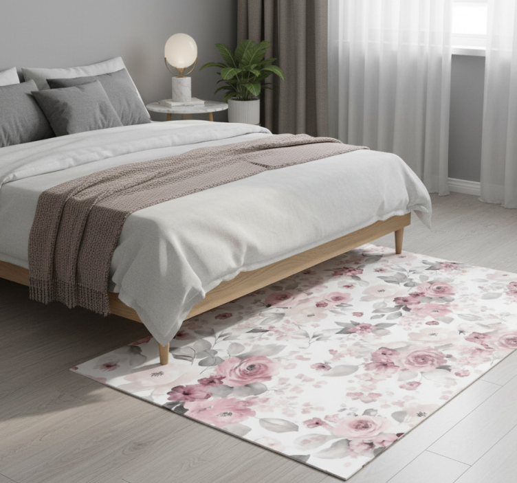 Grey delicate blossom pattern bedroom vinyl rug - TenStickers