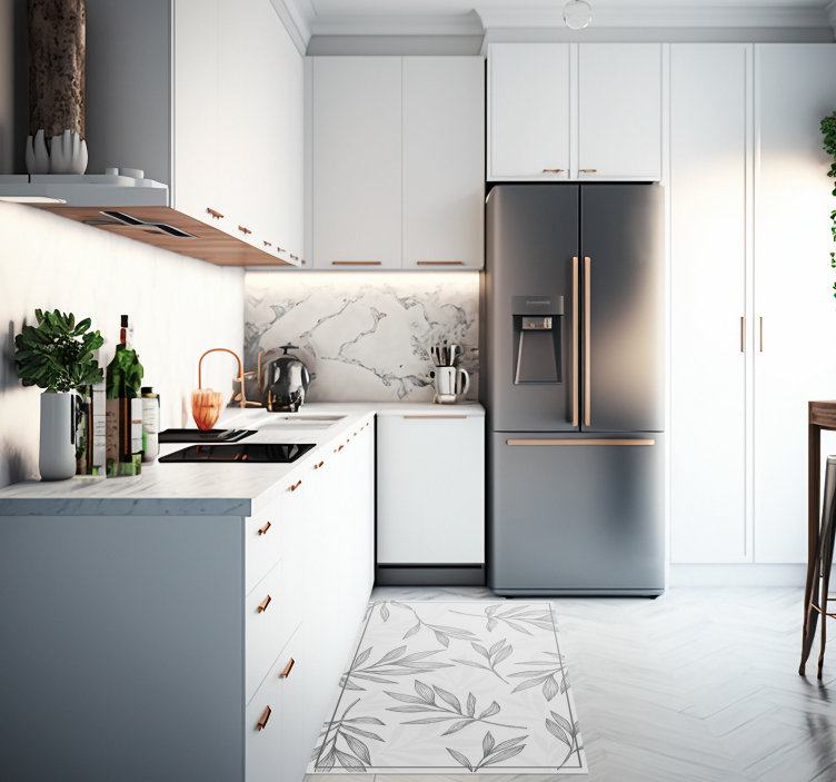 Grey leaves on white background kitchen vinyl rug - TenStickers