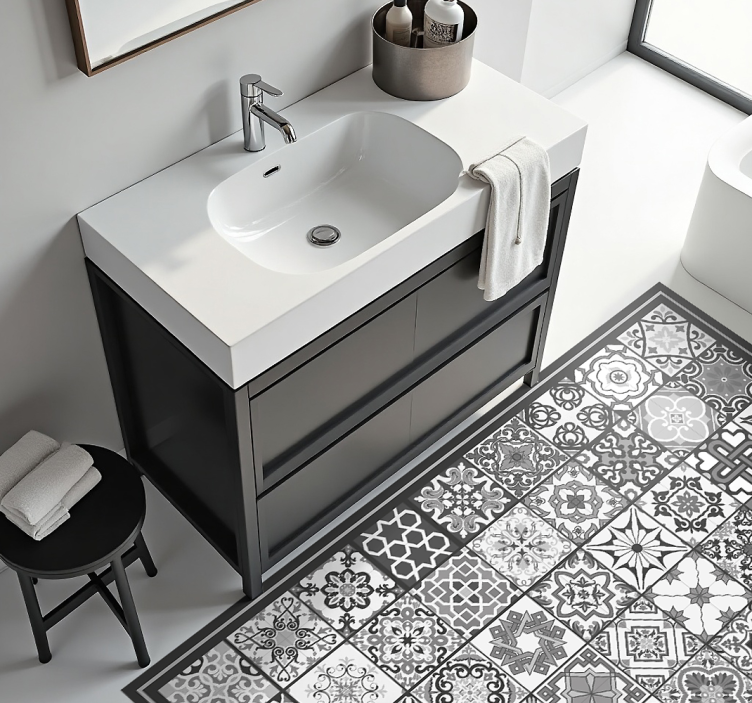 Grey tile pattern bathroom vinyl rug - TenStickers