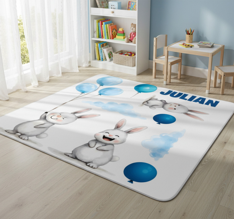 Kids vinyl rug blue balloons with bunnies - TenStickers