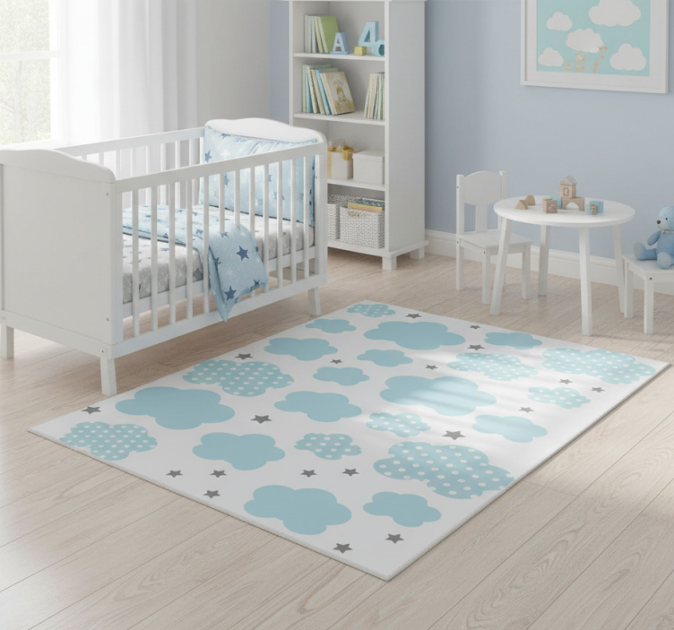 Kids vinyl rug blue clouds and grey stars - TenStickers
