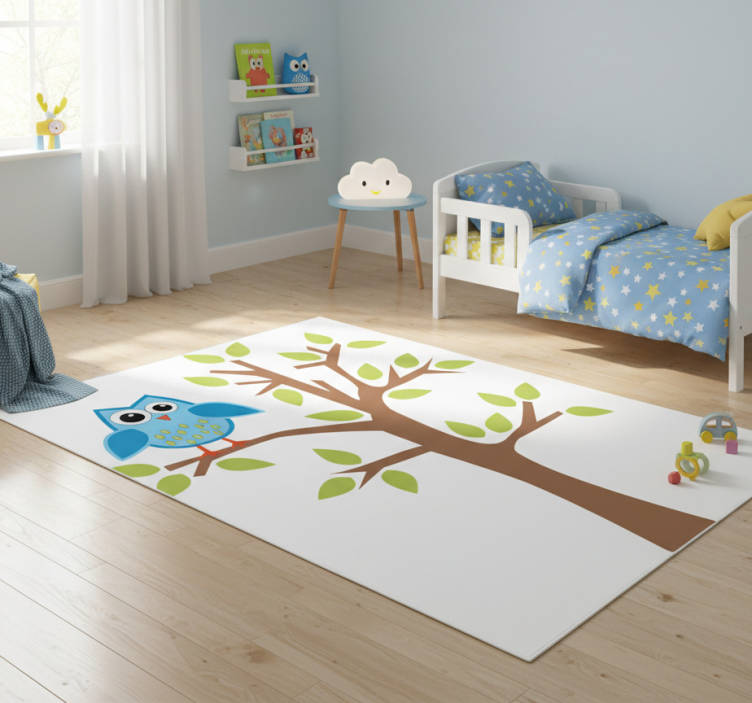 Kids vinyl rug tree with blue owl design - TenStickers