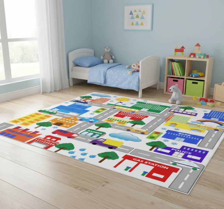 Kids vinyl rug colorful big city design - TenStickers