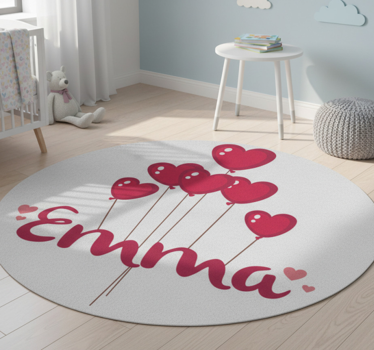 Kids vinyl rug with heart air balloons and name - TenStickers