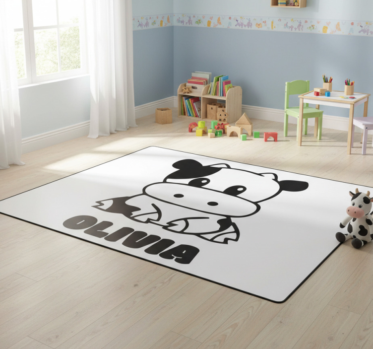 Kids vinyl rug black and white cow personalized - TenStickers