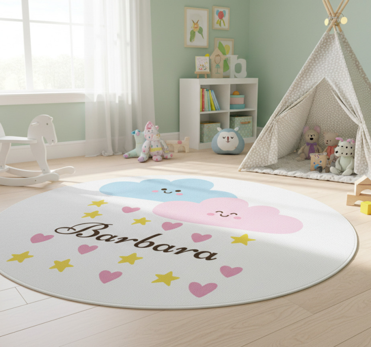 Kids vinyl rug blue and pink cloud with name - TenStickers