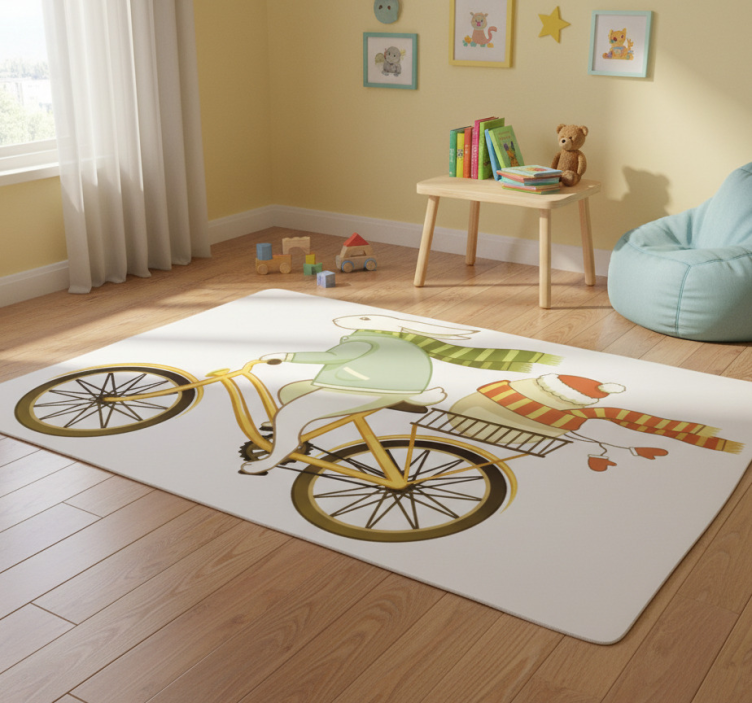 Kids vinyl rug easter bunny on bike - TenStickers