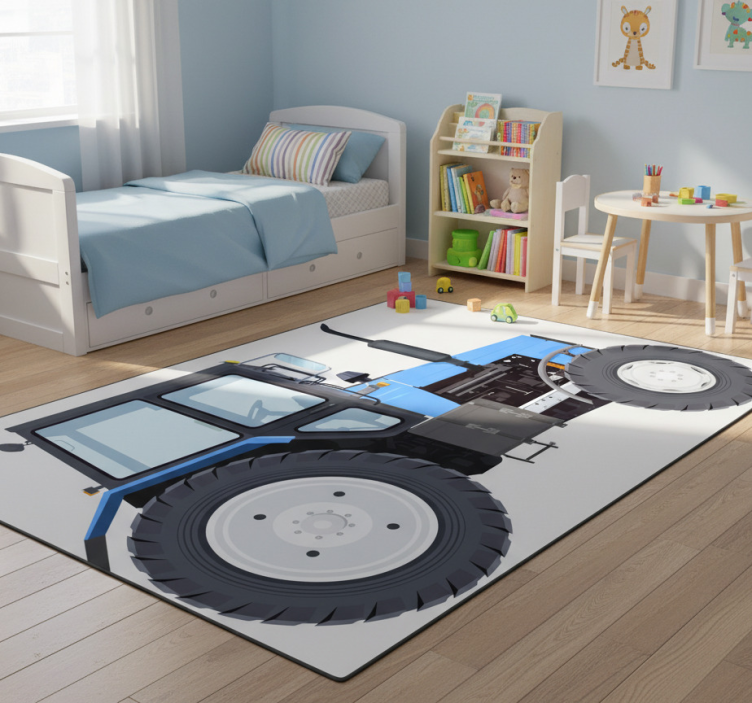 Kids vinyl rug featuring a blue modern tractor - TenStickers
