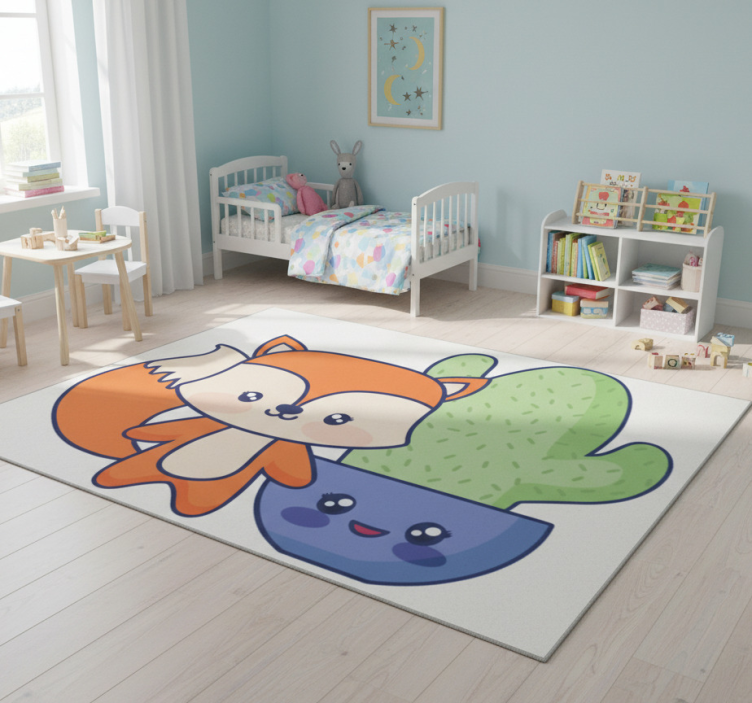 Kids vinyl rug featuring anime cactus and fox - TenStickers