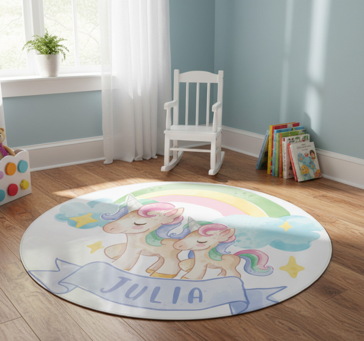 Kids vinyl rug featuring joyful unicorns on a rainbow - TenStickers