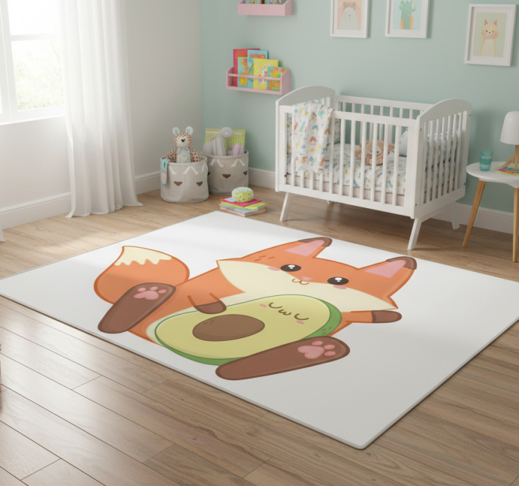 Kids vinyl rug featuring kawaii fox and avocado - TenStickers