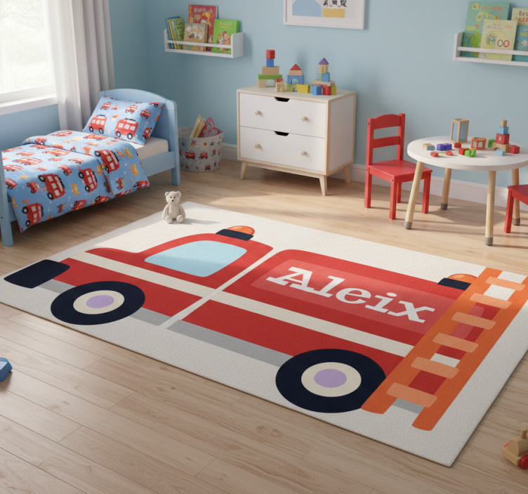 Kids vinyl rug firefighter car personalized name - TenStickers
