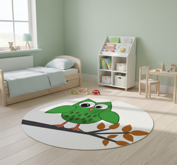 Kids vinyl rug green owl on a branch - TenStickers