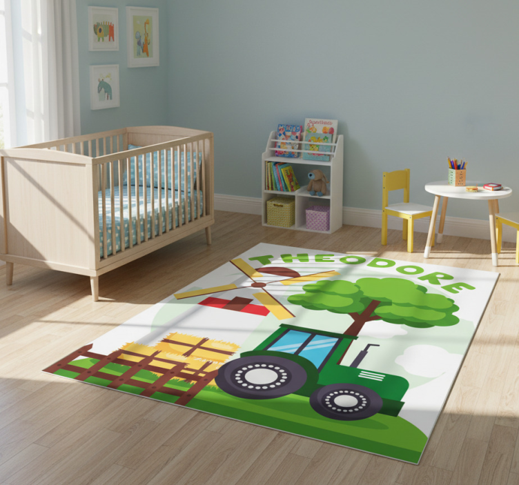 Kids vinyl rug green tractor on hill with clouds - TenStickers
