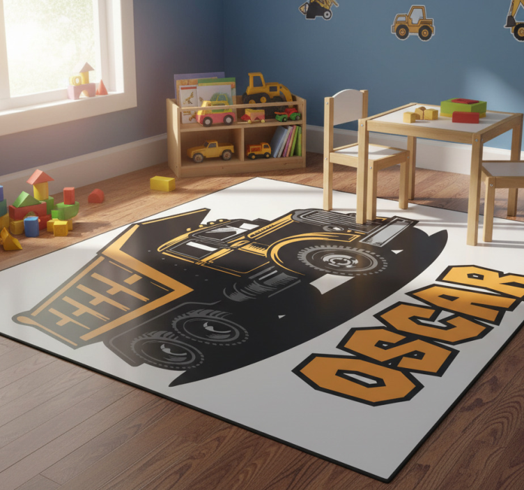 Kids vinyl rug personalized orange construction truck - TenStickers