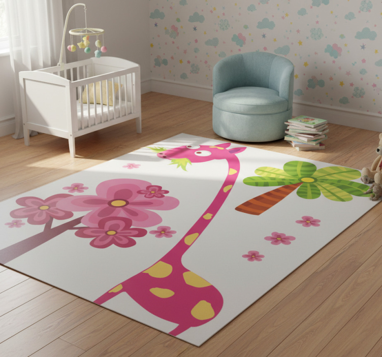 Kids vinyl rug pink giraffe eating - TenStickers