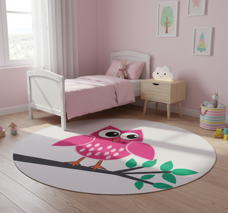 Kids vinyl rug pink owl on a branch - TenStickers