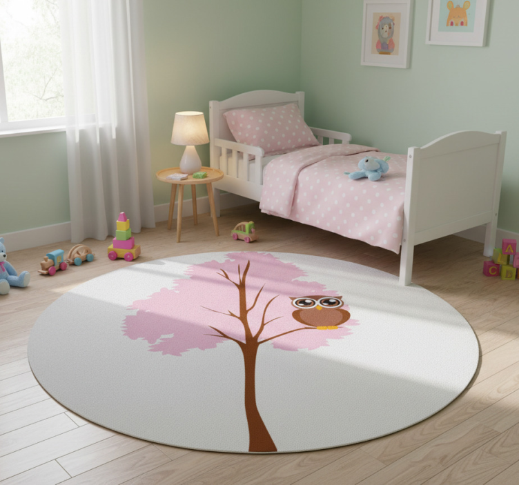 Kids vinyl rug pink tree with owl design - TenStickers