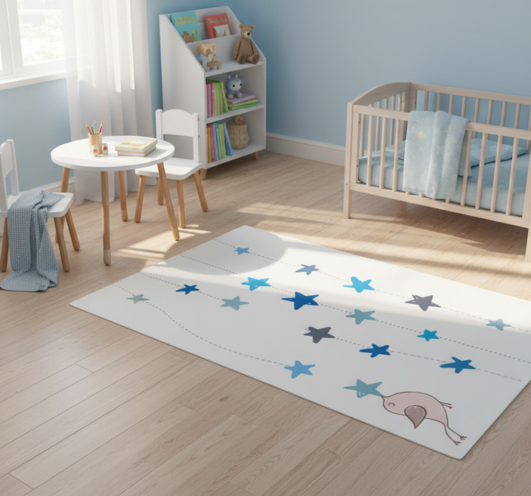 Kids vinyl rug with blue stars and bird design - TenStickers
