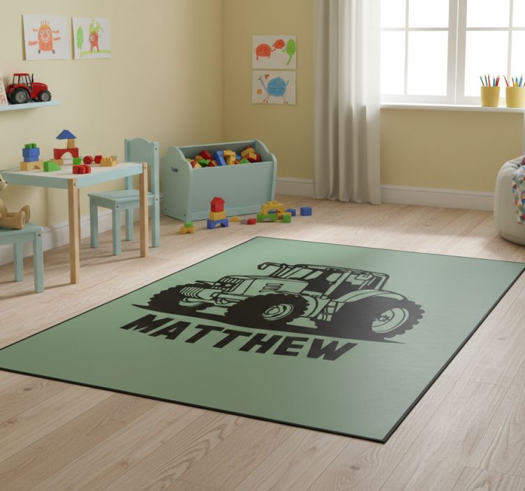 Kids vinyl rug tractor silhouette with name - TenStickers