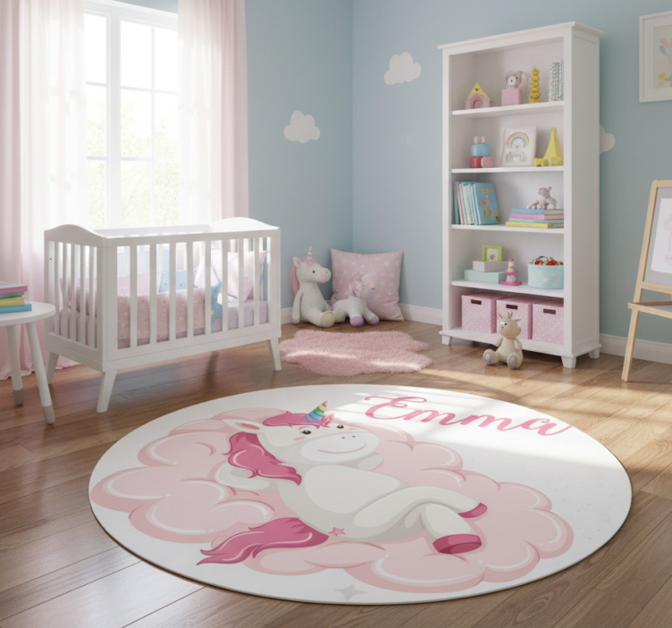 Kids vinyl rug unicorn on a cloud with name - TenStickers