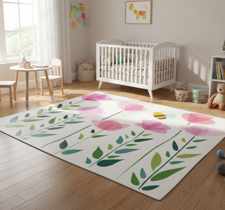 Kids vinyl rug with pink flowers and bee - TenStickers
