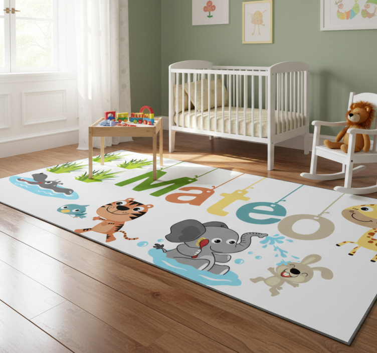 Kids vinyl rug with customizable jungle animals name - TenStickers