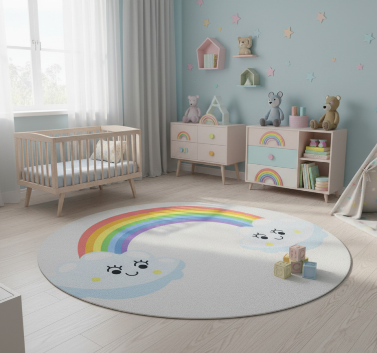 Kids vinyl rug with cute clouds and rainbow faces - TenStickers
