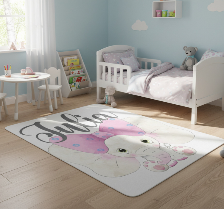Kids vinyl rug with elephant and baby name - TenStickers