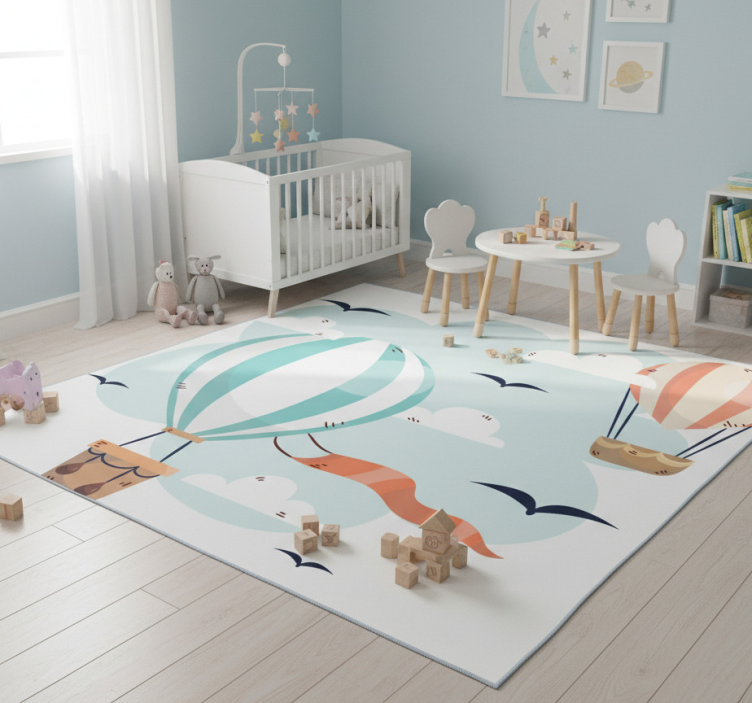 Kids vinyl rug with hot air balloons and clouds - TenStickers