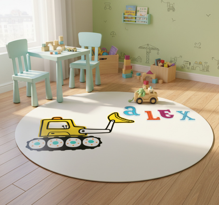 Kids vinyl rug with personalized excavator name - TenStickers