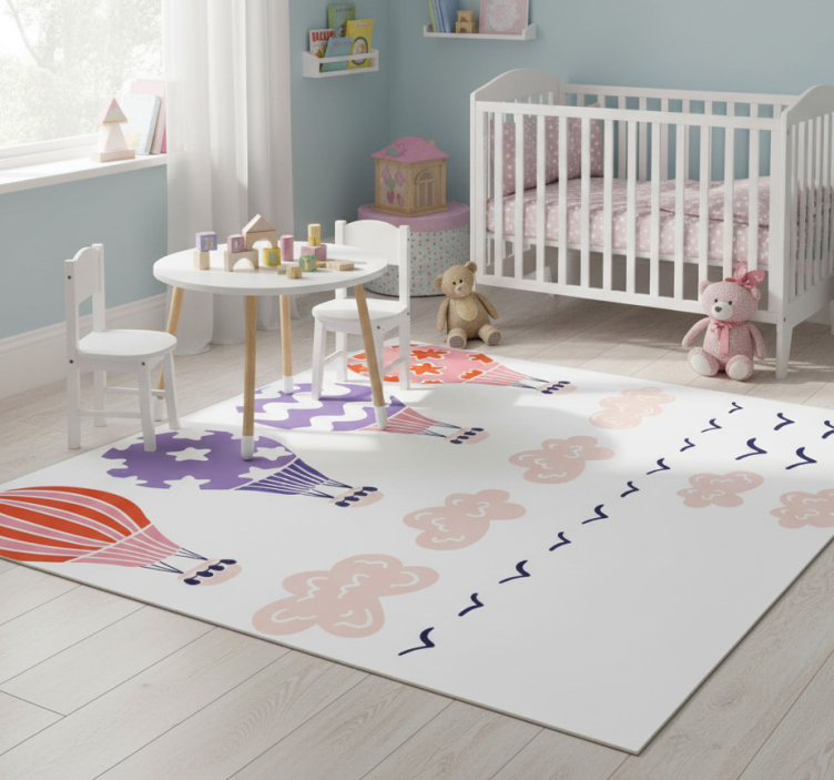 Kids vinyl rug with pink and purple balloons clouds - TenStickers