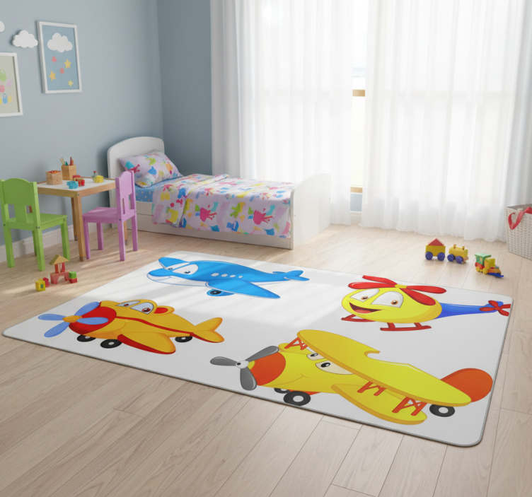 Kids vinyl rug with smiling planes and helicopters - TenStickers