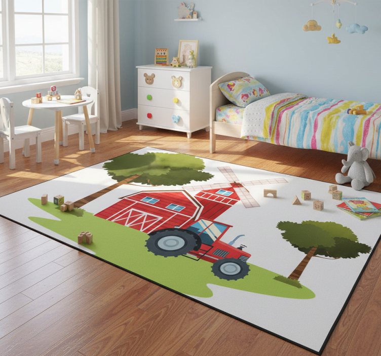 Kids vinyl rug with tractors and trees design - TenStickers