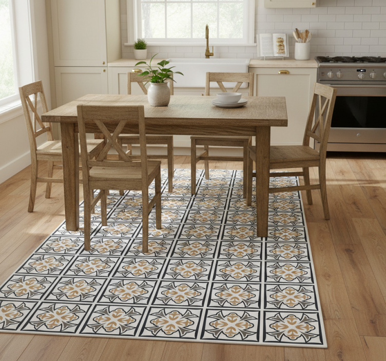 Kitchen vinyl rug in beige and black portuguese tile - TenStickers