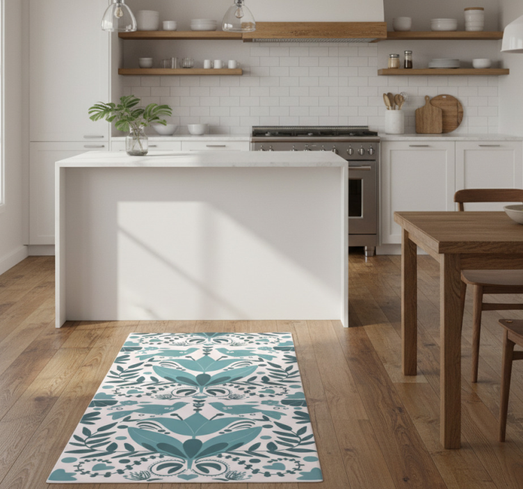 Kitchen vinyl rug in blue bird folk art pattern - TenStickers