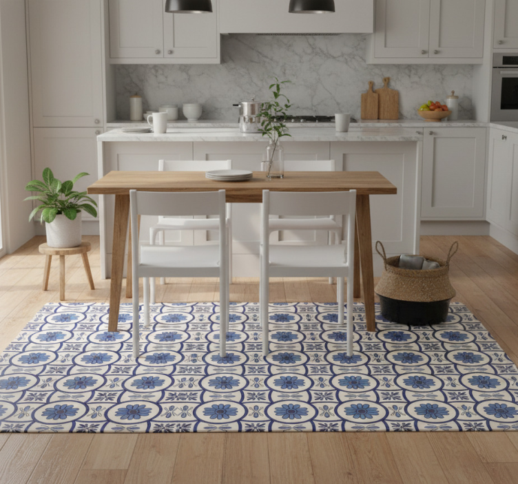Kitchen vinyl rug in blue flower portuguese tile - TenStickers