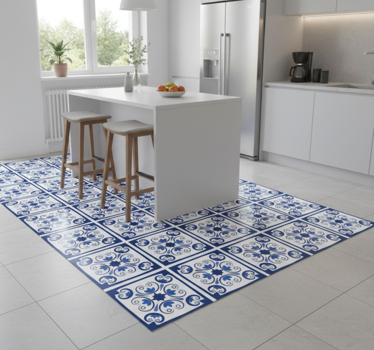 Kitchen vinyl rug in classic blue portuguese tile - TenStickers