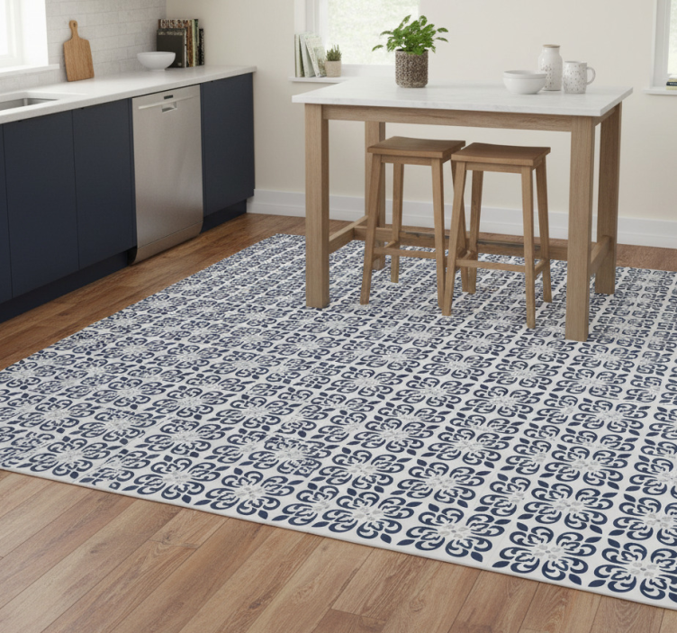Kitchen vinyl rug in dark blue clover tile - TenStickers
