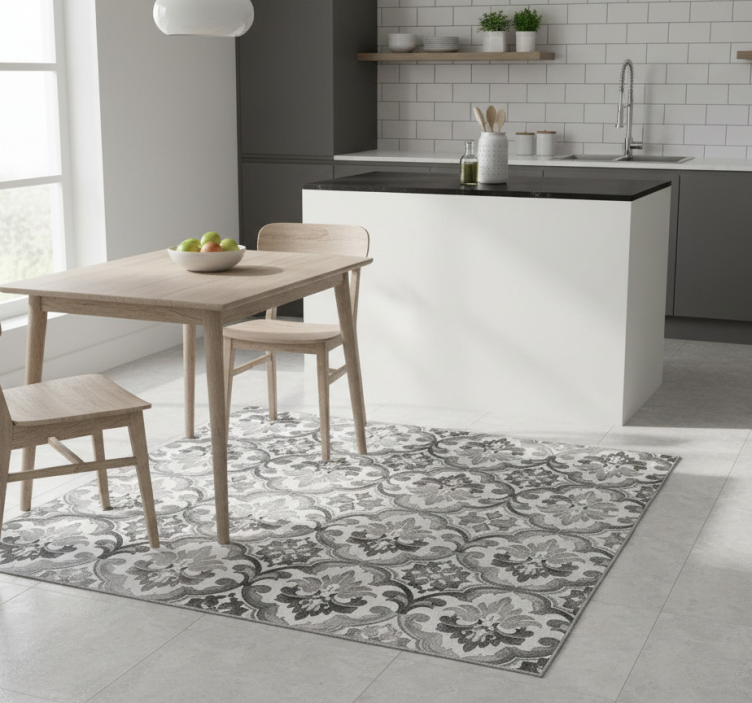 Kitchen vinyl rug in greyscale damask design - TenStickers