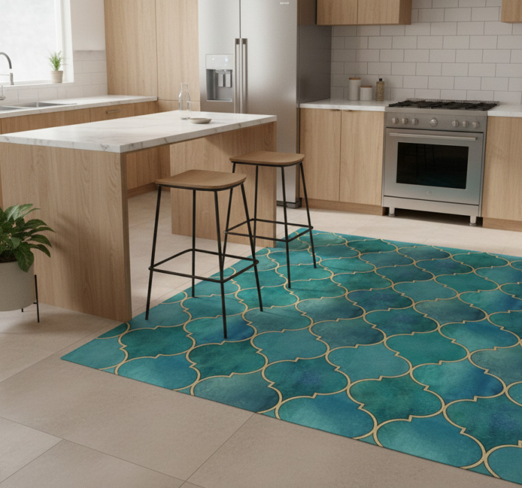Kitchen vinyl rug in jade green with gold accents - TenStickers