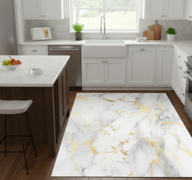 Kitchen vinyl rug white marble with gold veins - TenStickers