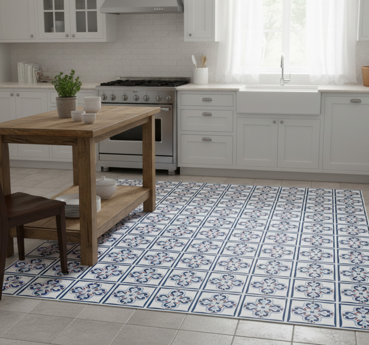 Kitchen vinyl rug with blue and red portuguese tiles - TenStickers